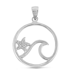 Sterling Silver Ocean Wave and Starfish Clear CZ Pendant