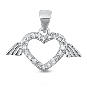 Sterling Silver Heart with Wings Clear CZ Pendant