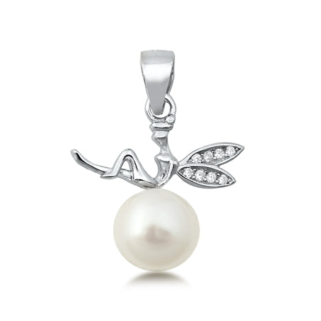 Sterling Silver Fairy Pearl And Clear CZ Pendant Pendant Height-14mm