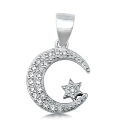 Sterling Silver Crescent Moon and Star Clear CZ Pendant