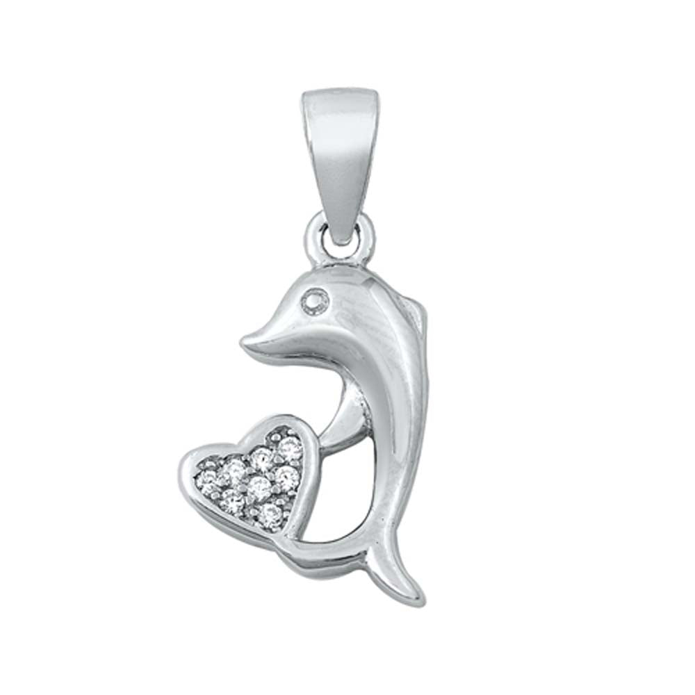 Sterling Silve Dolphin and Heart CZ Pendant