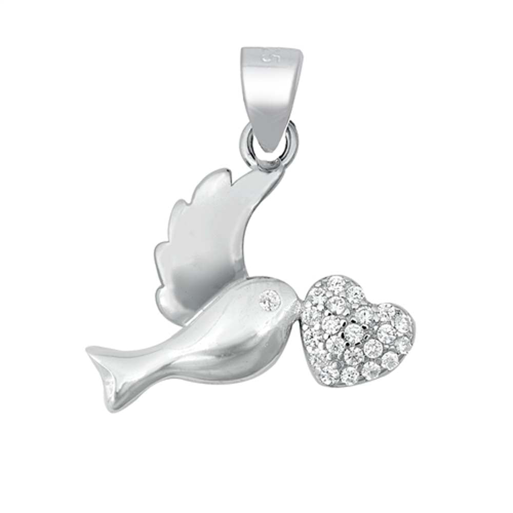 Sterling Silver Sparrow with Heart Clear CZ Pendant