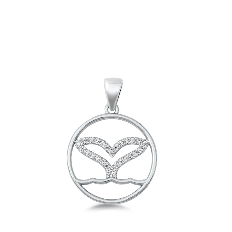 Sterling Silver Rhodium Plated Whale Tail Clear CZ Pendant Pendant Height-18mm