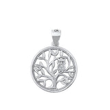 Sterling Silver Rhodium Plated Owl and Tree Clear CZ Pendant