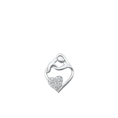 Sterling Silver Rhodium Plated Heart Parent And Child Clear CZ Pendant Face Height-14.6mm