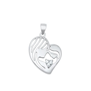 Sterling Silver Rhodium Plated Heart Mom And Daughter Clear CZ Pendant Face Height-21.3mm