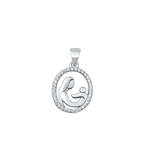 Sterling Silver Rhodium Plated Mother And Child Clear CZ Pendant Face Height-16mm