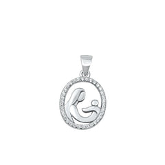 Sterling Silver Rhodium Plated Mother And Child Clear CZ Pendant Face Height-16mm