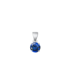 Sterling Silver Rhodium Plated Round Blue Sapphire CZ Solitaire Pendant Face Height-6mm
