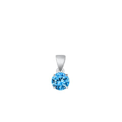 Sterling Silver Rhodium Plated Round Blue Topaz CZ Solitaire Pendant Face Height-6mm