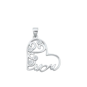 Sterling Silver Rhodium Plated Mom Heart Clear CZ Pendant Face Height-20.7mm