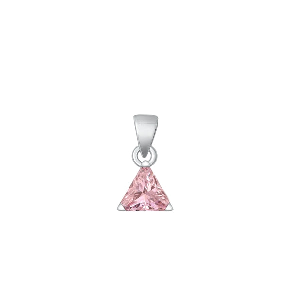 Sterling Silver Rhodium Plated Triangle Pink Solitaire CZ Pendant Face Height-6mm