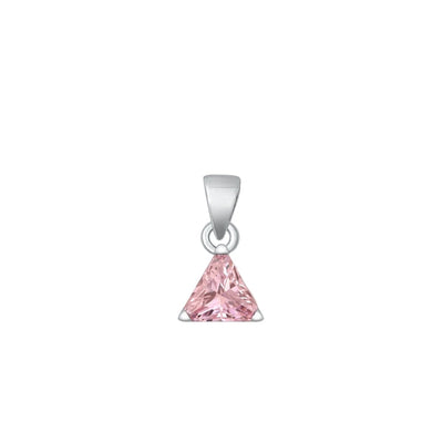 Sterling Silver Rhodium Plated Triangle Pink Solitaire CZ Pendant Face Height-6mm