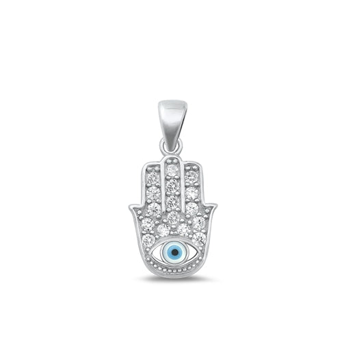 Sterling Silver Rhodium Plated Hamsa And Evil Eye Mother Of Pearl And Clear CZ Pendant Face Height-17mm