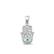 Load image into Gallery viewer, Sterling Silver Rhodium Plated Hamsa And Evil Eye Mother Of Pearl And Clear CZ Pendant Face Height-17mm