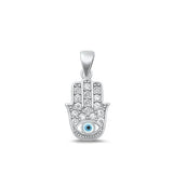 Sterling Silver Rhodium Plated Hamsa And Evil Eye Mother Of Pearl And Clear CZ Pendant Face Height-17mm