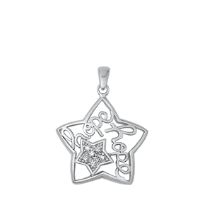 Sterling Silver Rhodium Plated Hope and Star Clear CZ Pendant