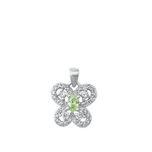 Sterling Silver Rhodium Plated Butterfly Light Green and Clear CZ Pendant