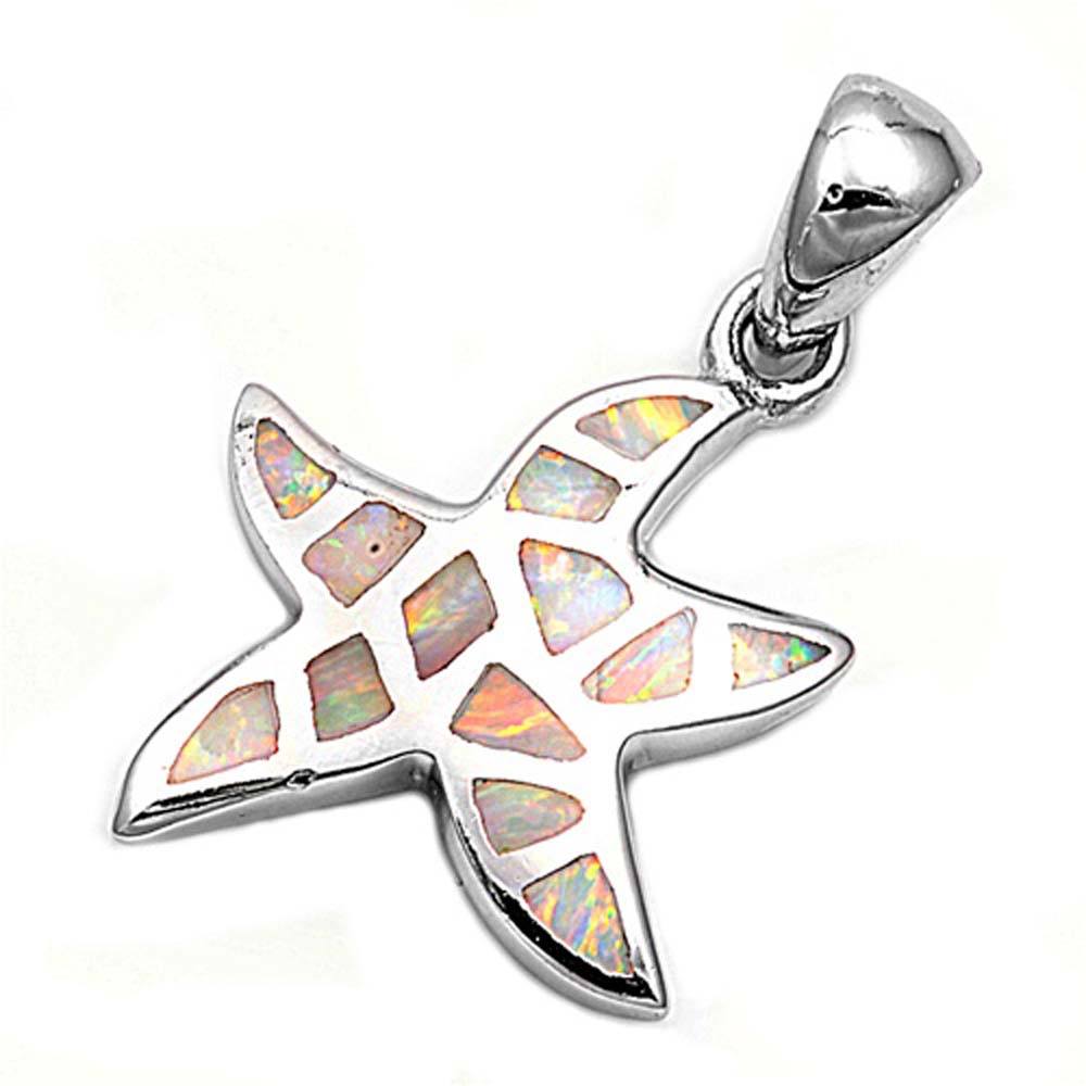 Sterling Silver Fancy White Lab Opal Starfish Pendant with Pendant Height of 16MM