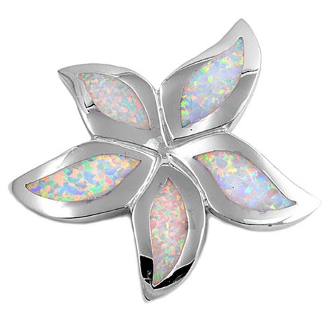 Sterling Silver Flower Shape White Lab Opal PendantAnd Pendant Height 38mm