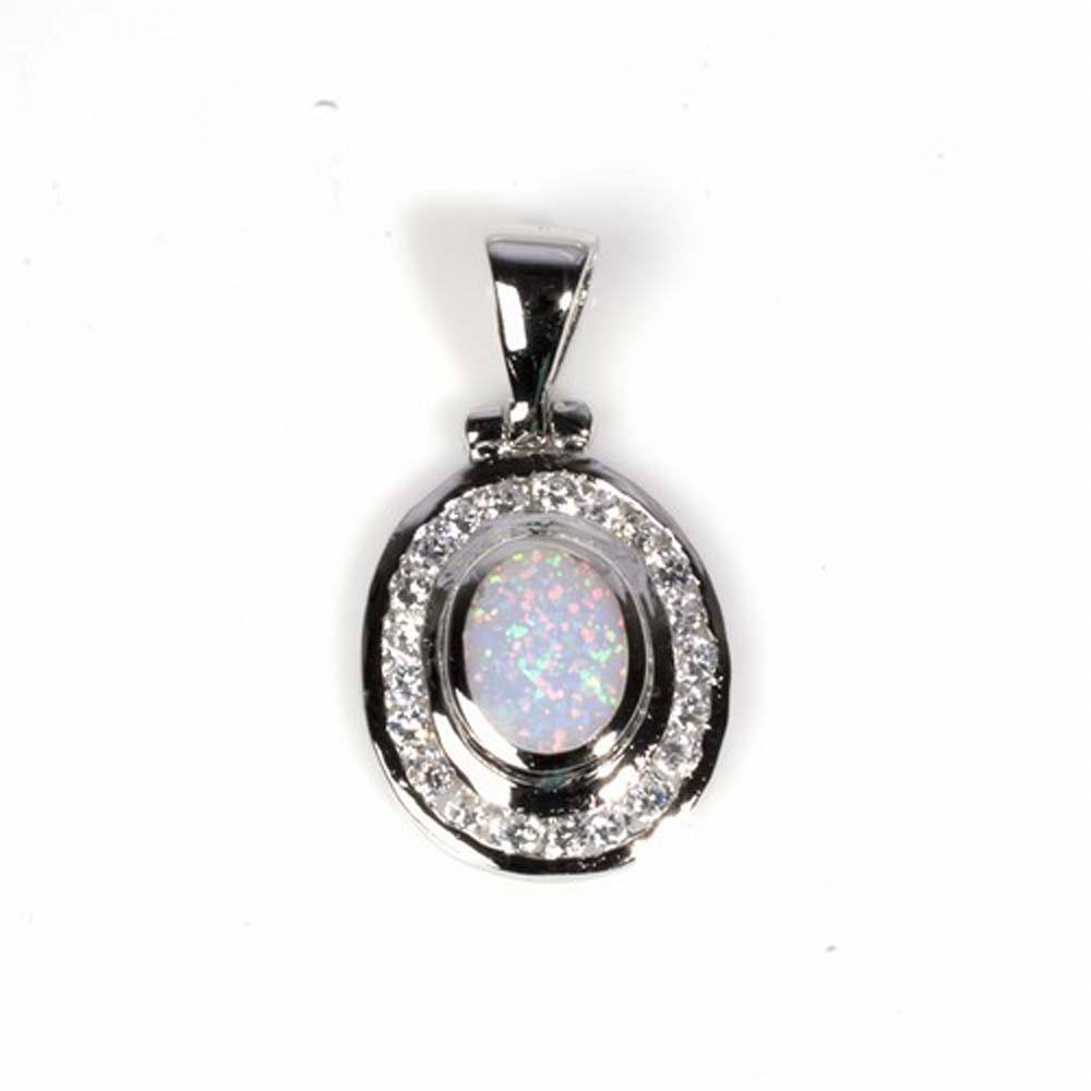 Sterling Silver Elegant Syle Oval White Lab Opal with Round Clear CZ StoneAnd Pendant Height of 29MM