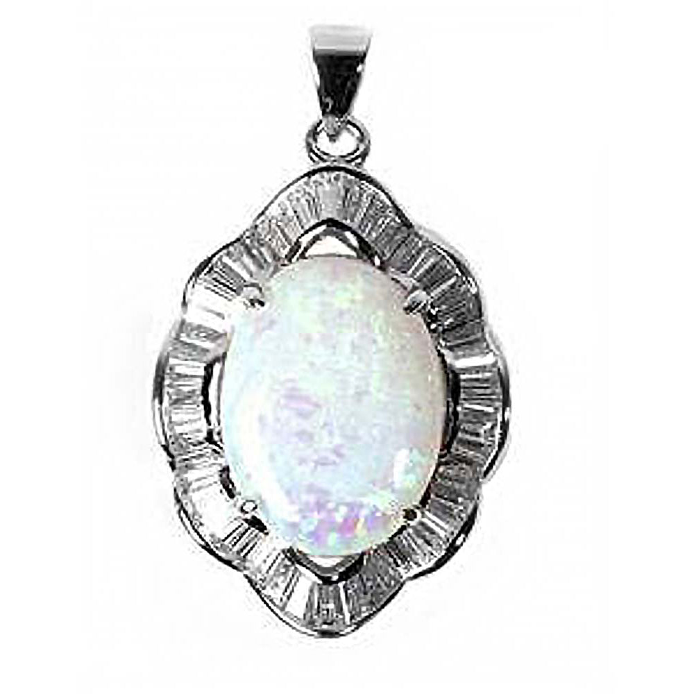 Sterling Silver Oval Shape White Lab Opal PendantAnd Pendant Height 32mm