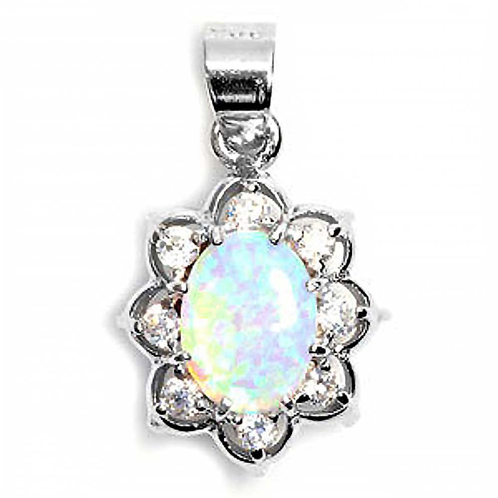 Sterling Silver Vintage Elegant Style Pendant with Oval White Lab Opal and Round Clear CZAnd Pendant Height of 12MM
