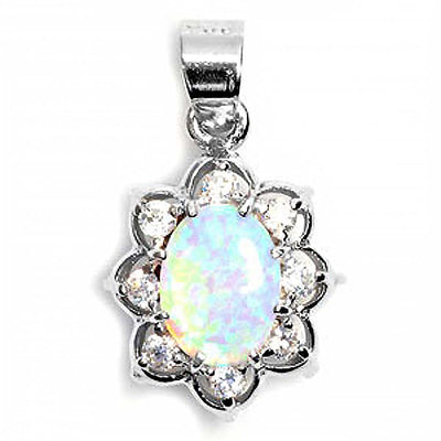 Sterling Silver Vintage Elegant Style Pendant with Oval White Lab Opal and Round Clear CZAnd Pendant Height of 12MM