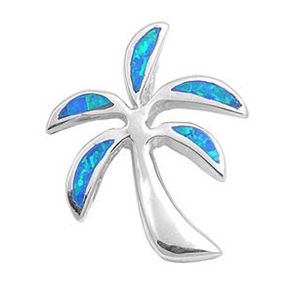 Sterling Silver Stylish Palm Tree with Blue Lab Opal PendantAnd Pendant Height of 21MM