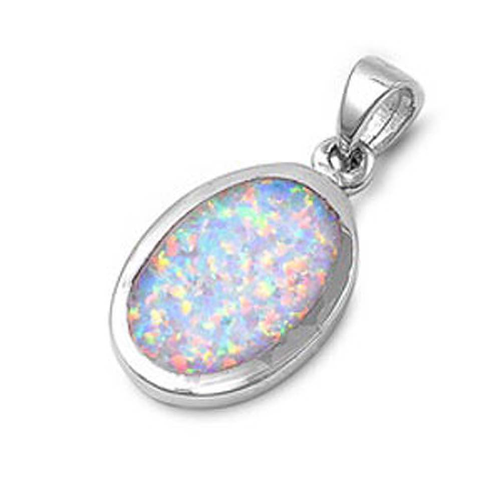 Sterling Silver Plain White Lab Opal Oval Shape Pendant with Pendant Height of 23MM