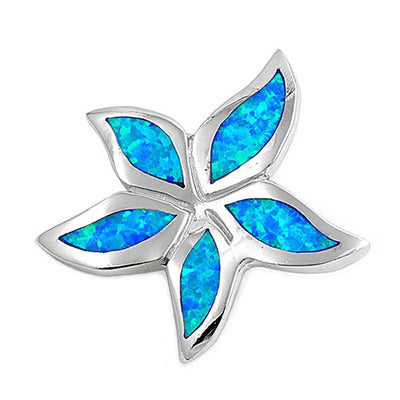Sterling Silver Flower Shape Blue Lab Opal PendantAnd Pendant Height 29mm