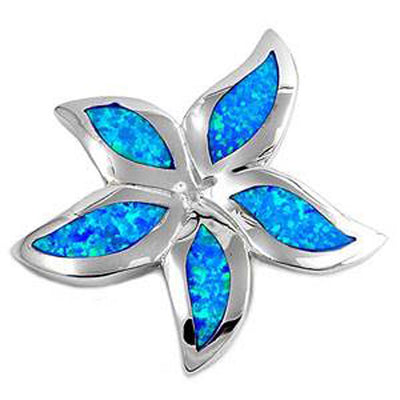 Sterling Silver Flower Shape Blue Lab Opal PendantAnd Pendant Height 38mm