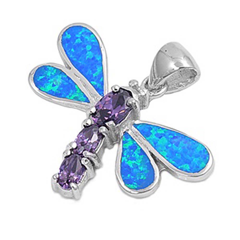 Sterling Silver Stylish Dragonfly with Blue Lab Opal and Three Amethyst CZ Stone PendantAnd Pendant Height of 22MM