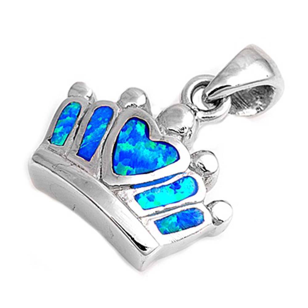 Sterling Silver Fancy Blue Lab Opal Heart Crown Pendant with Pendant Height of 11MM