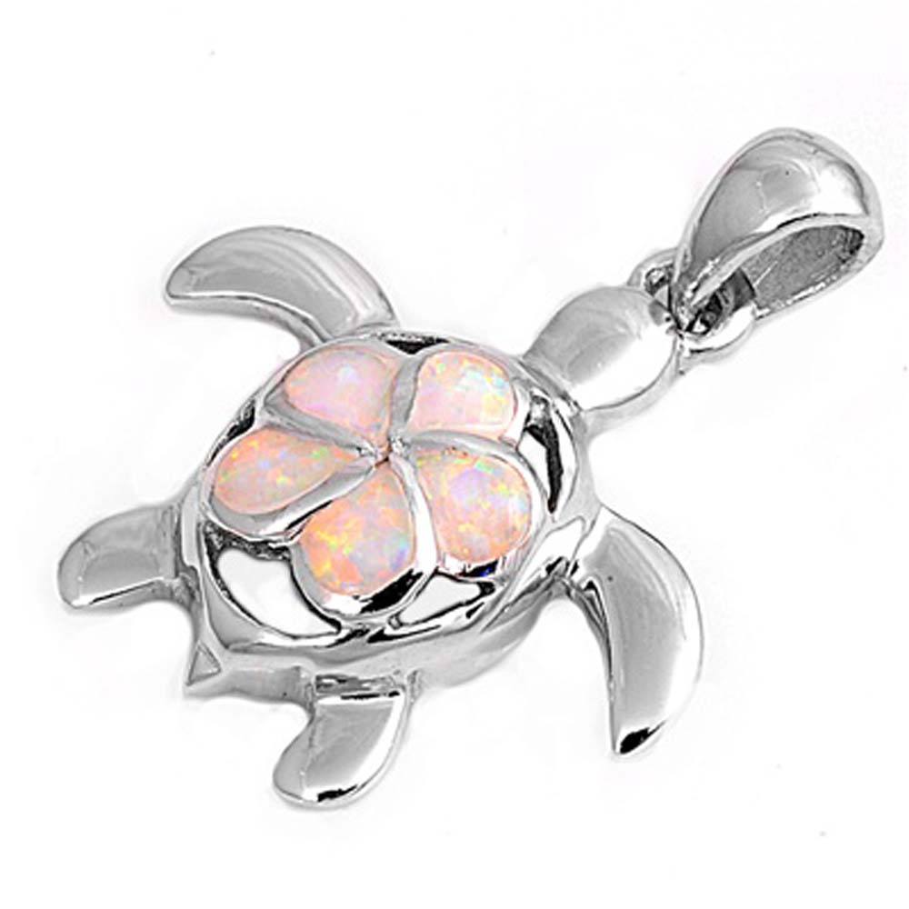 Sterling Silver Modish Fancy Open Cut Turtle and Pink Fire Lab Opal Flower Pendant with Pendant Height of 25MM