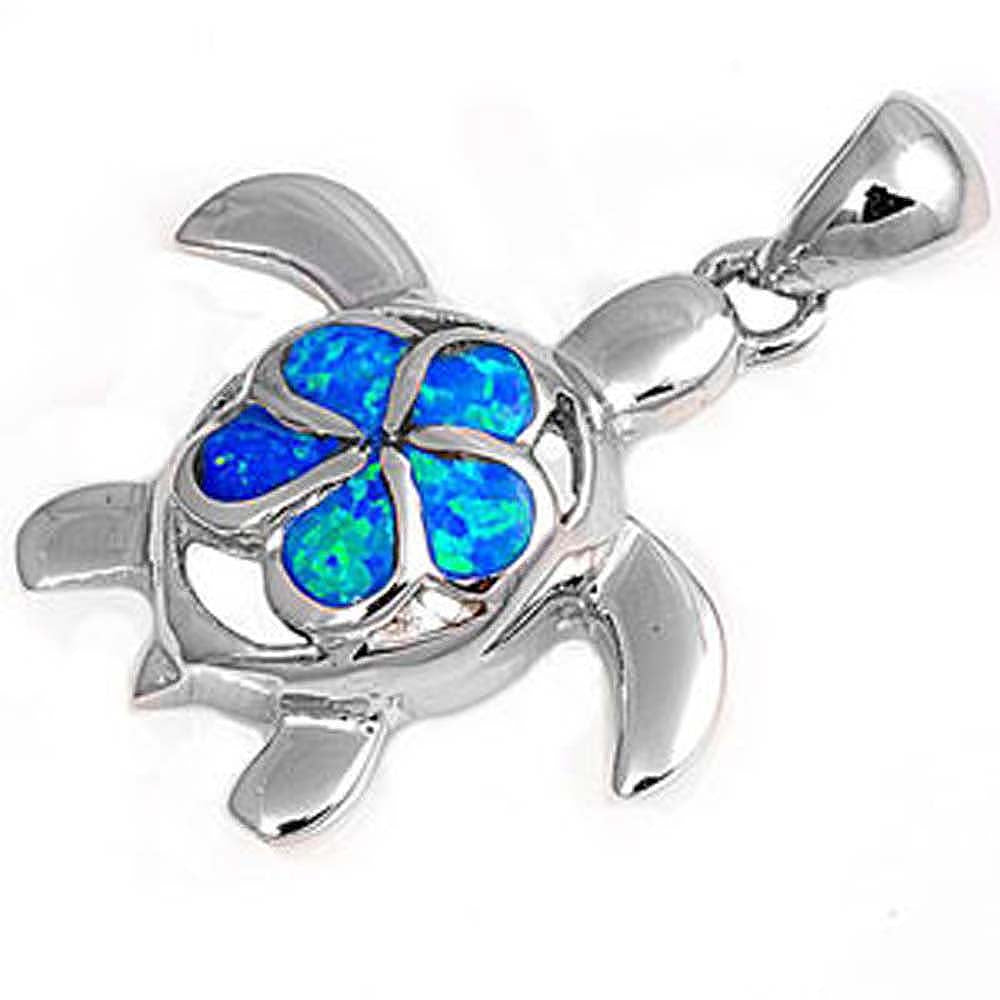 Sterling Silver Modish Fancy Open Cut Turtle and Blue Lab Opal Flower Pendant with Pendant Height of 25MM