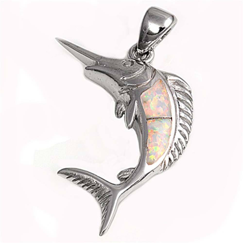 Sterling Silver Stylish Swordfish with White Lab Opal PendantAnd Pendant Height of 24MM