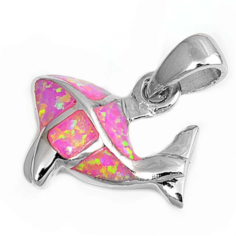 Sterling Silver Stylish Pink Lab Opal Fish Pendant with Pendant Height of 17MM