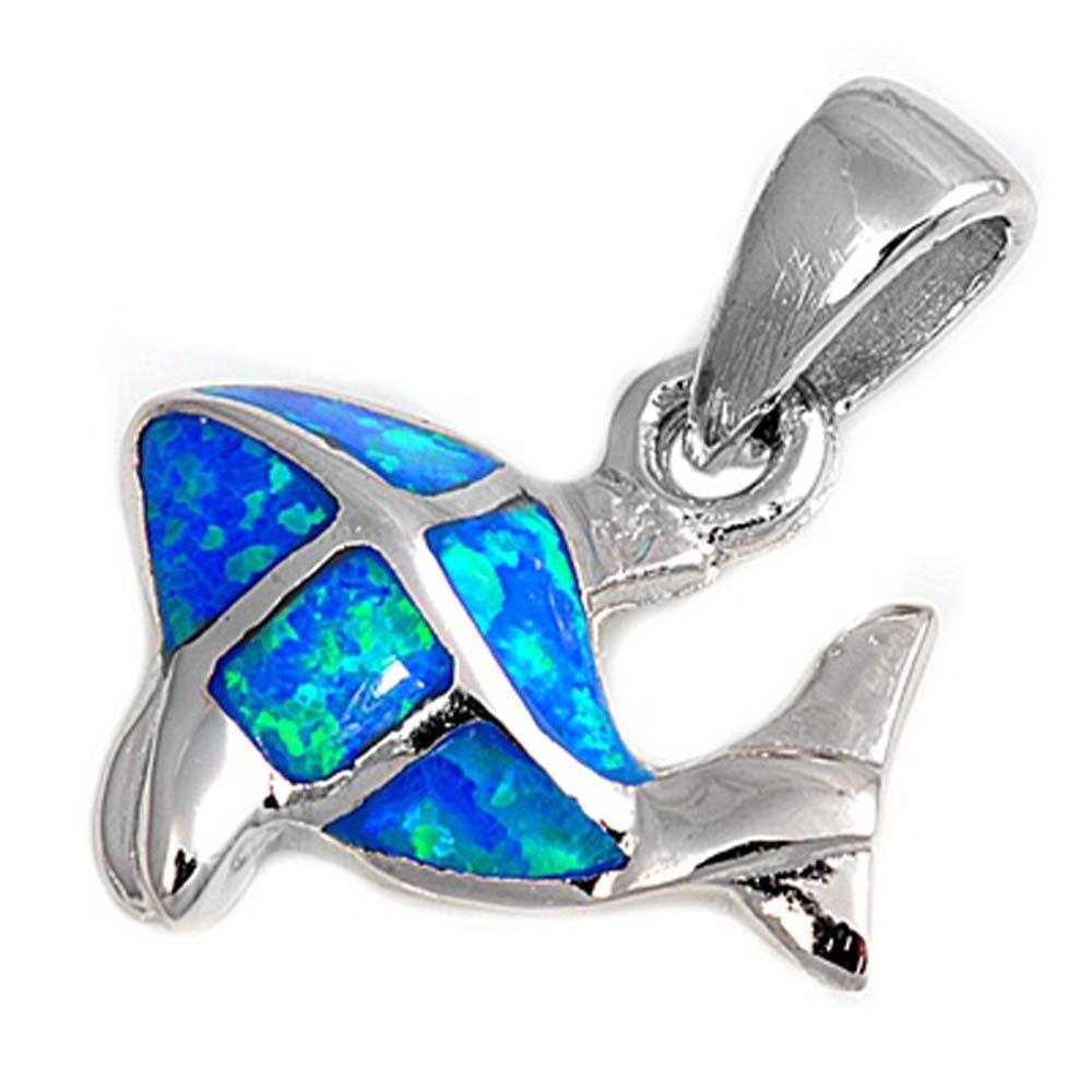 Sterling Silver Stylish Blue Lab Opal Fish Pendant with Pendant Height of 17MM