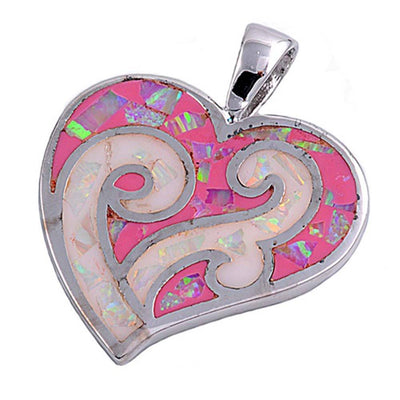 Sterling Silver Heart Shape Pink Lab Opal PendantAnd Pendant Height 22mm