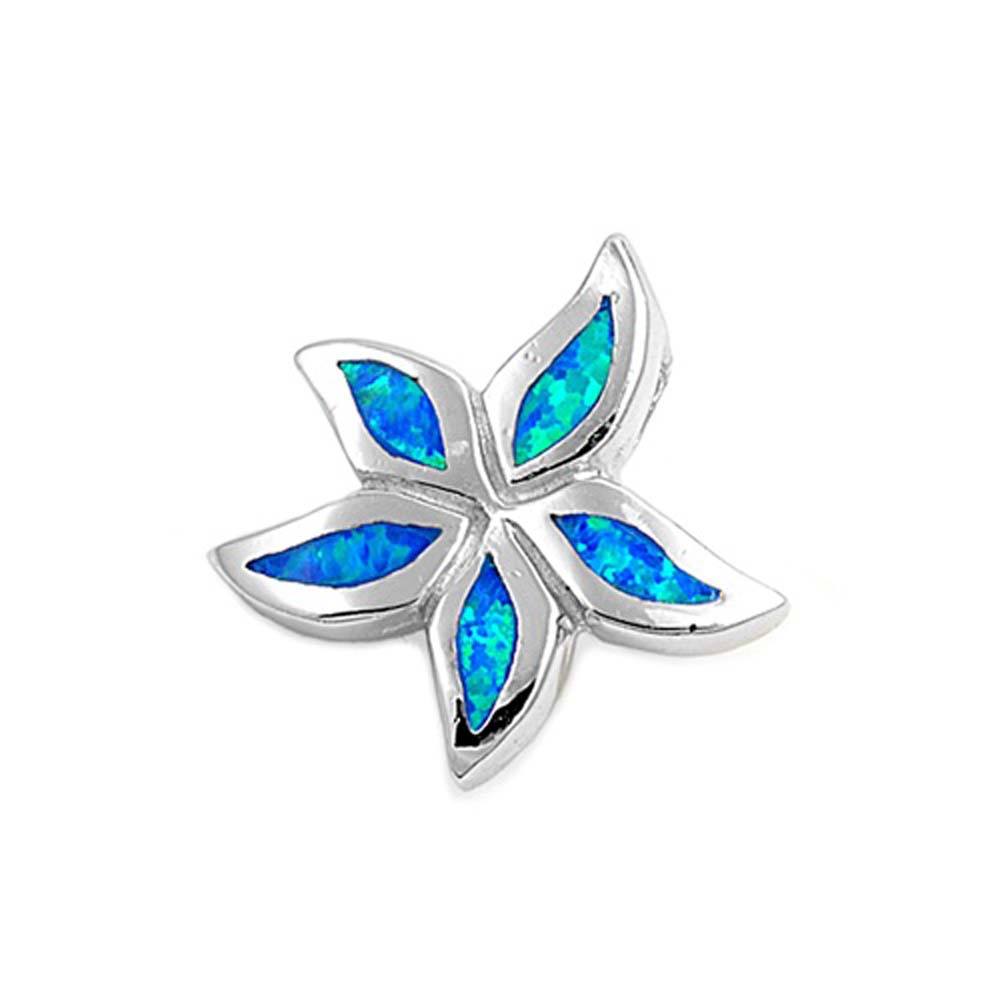 Sterling Silver Rhodium Plated Blue Lab Opal Flower Shaped Pendant