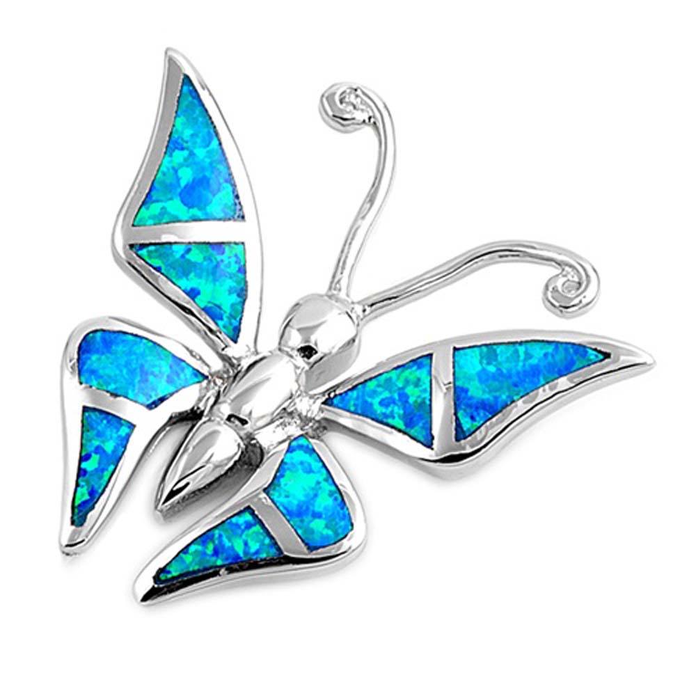 Sterling Silver Rhodium Plated Butterfly Shape Blue Lab Opal PendantAnd Pendant Height 29mm
