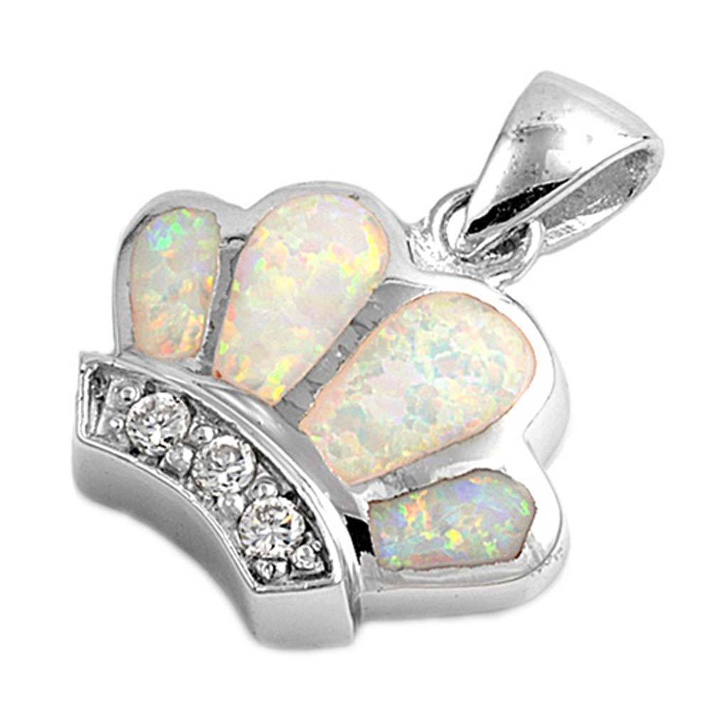 Sterling Silver Modish Elegant Style White Lab Opal Crown wit Round Clear CZ Stone PendantAnd Pendant Height of 16MM