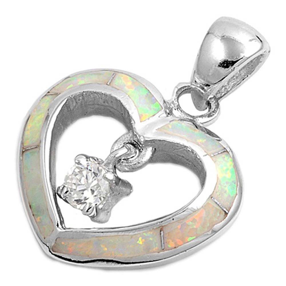 Sterling Silver Fancy White Lab Opal Open Cut Heart with Floating Clear CZ StoneAnd Pendant Height of 16MM