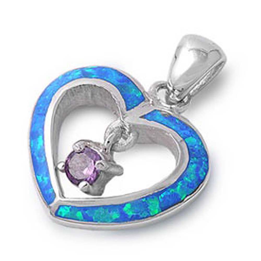 Sterling Silver Fancy Blue Lab Opal Open Cut Heart with Floating Amethyst CZ StoneAnd Pendant Height of 16MM