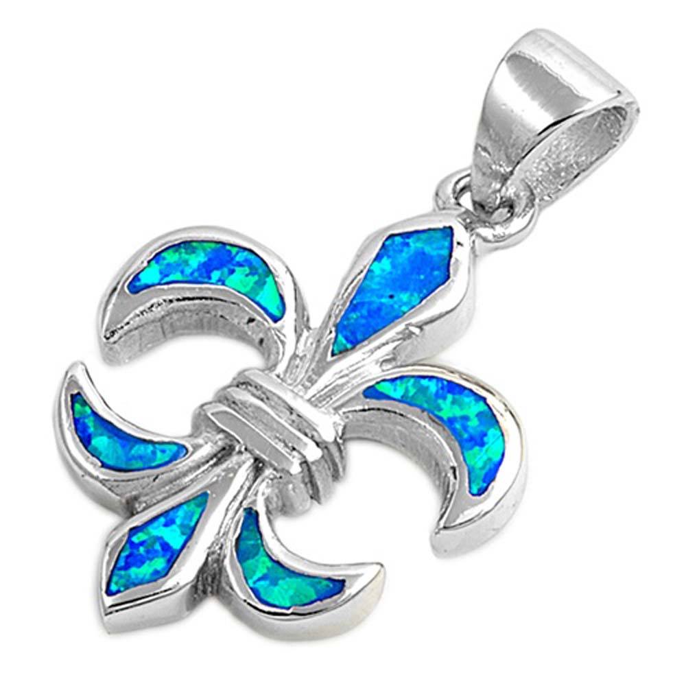 Sterling Silver Stylish Blue Lab Opal Fleur De Lise Pendant with Pendant Height of 21MM