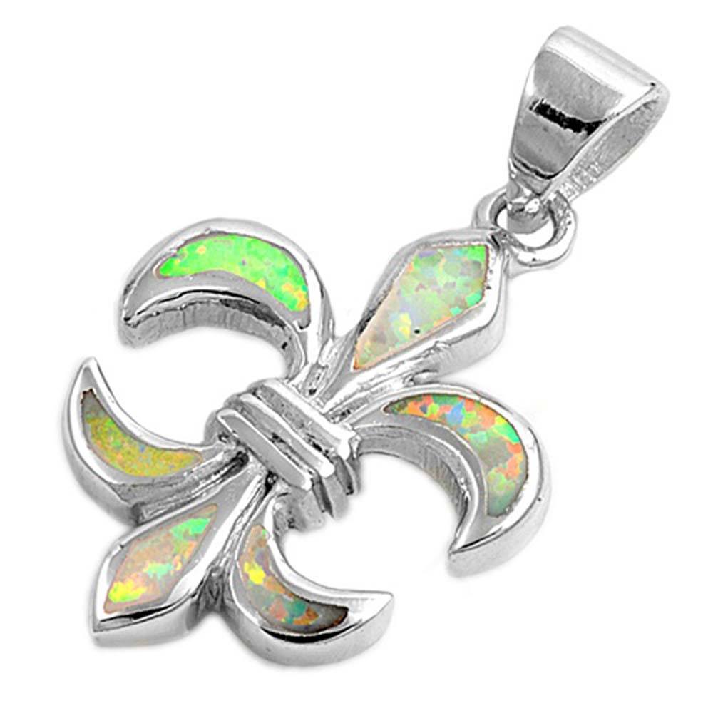 Sterling Silver Stylish White Lab Opal Fleur De Lise Pendant with Pendant Height of 25MM