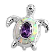 Load image into Gallery viewer, Sterling Silver Fancy White Lab Opal Turtle with Oval Amethyst CZ StoneAnd Pendant Height of 18MM