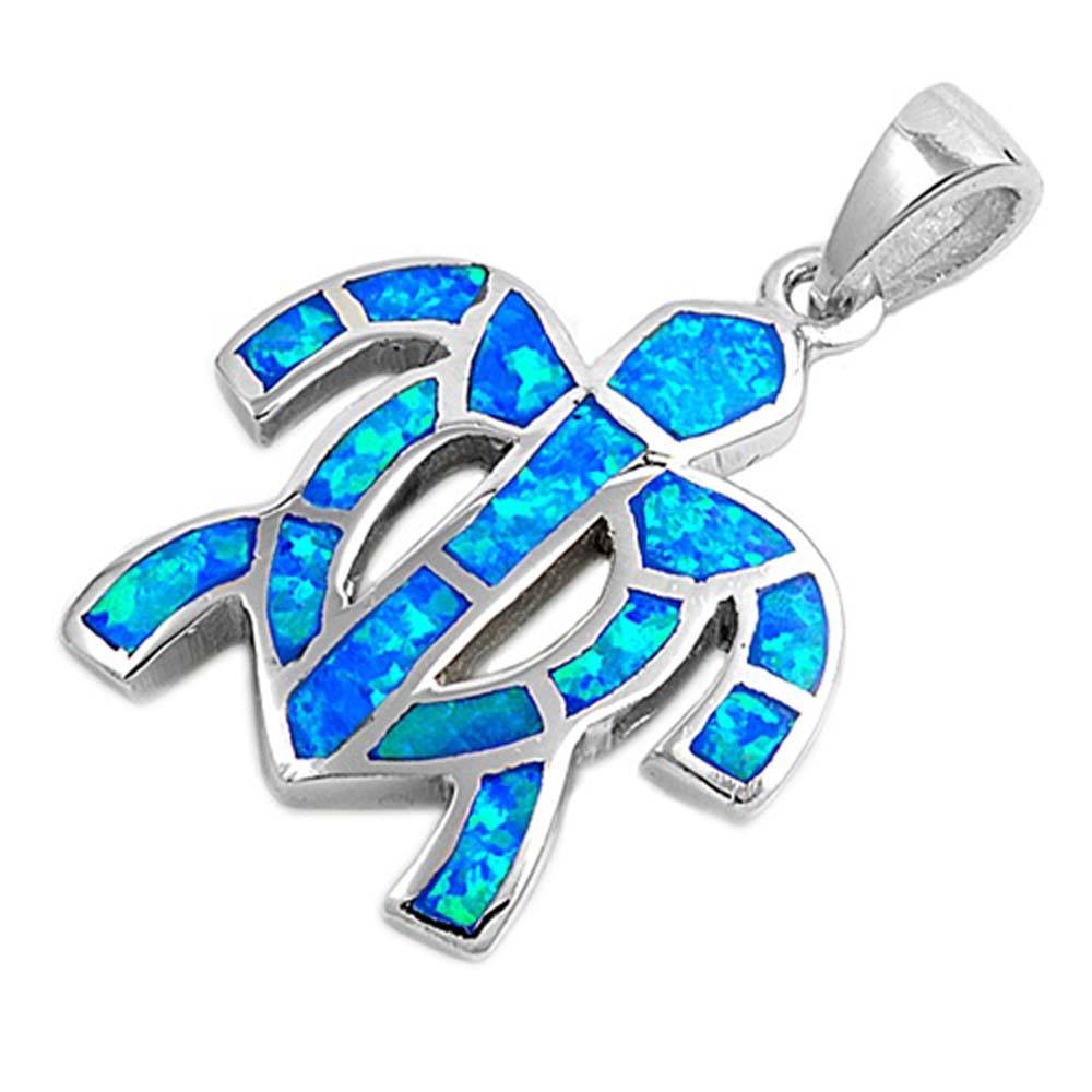 Sterling Silver Fancy Modish Blue Lab Opal Turtle Pendant with Pendant Height of 21MM