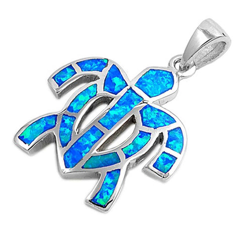 Sterling Silver Fancy Modish Blue Lab Opal Turtle Pendant with Pendant Height of 21MM